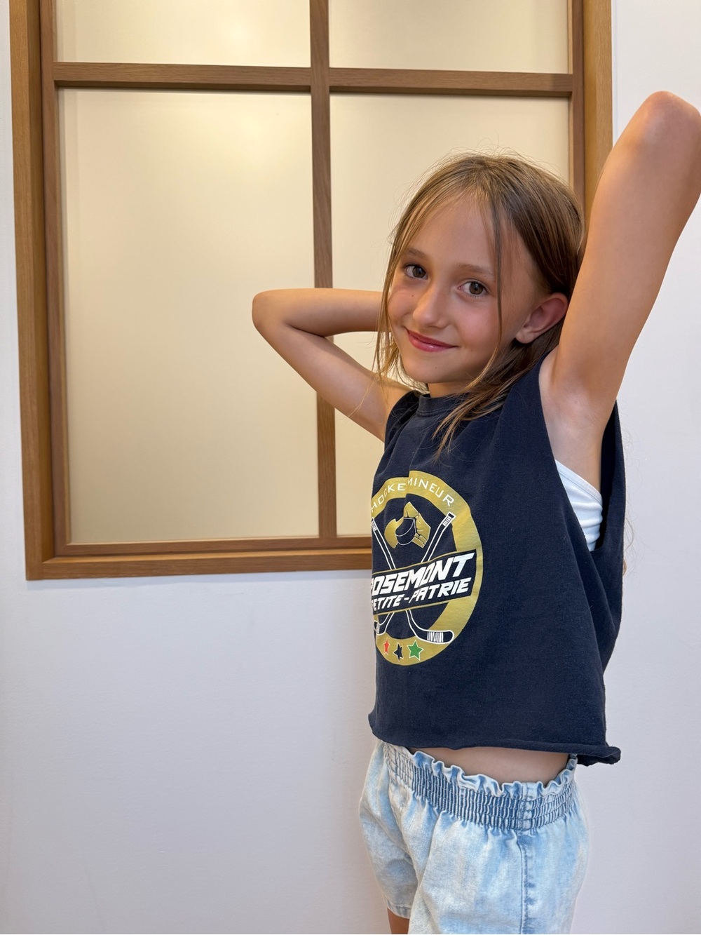 Girls Navy Graphic Muscle Tank Top with Yellow Emblem